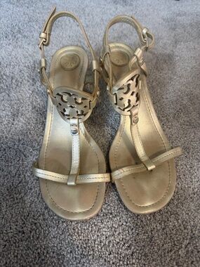 Tory Burch Metallic Gold Cutout Logo T-Strap Sandals